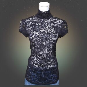 Express Black Sheer Lace Mock Neck Open Back Top Small Romantic Goth